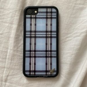 iphone 8 Wildflower phone case. Blue plaid pattern.